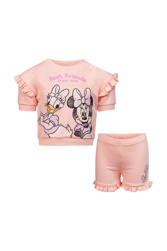 Clothes Baby Girls Front Back 2-Piece Short Outfit Set – Includes Tee & Shorts – Minnie Mouse Peach 24M