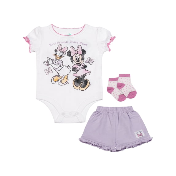 Disney Clothes Baby Girls Front Back 3-Piece Short Outfit Set – Includes Bodysuit, Tee & Shorts – Minnie Mouse White/Violet 3/6M