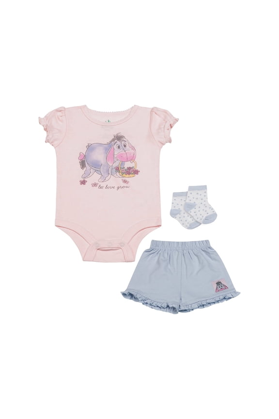 Clothes Baby Girls Front Back 3-Piece Short Outfit Set – Includes Bodysuit, Tee & Shorts – Winnie the Pooh Pink/Blue 0/3M