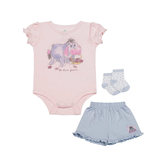 Disney Clothes Baby Girls Front Back 3-Piece Short Outfit Set – Includes Bodysuit, Tee & Shorts – Winnie the Pooh Pink/Blue 3/6M