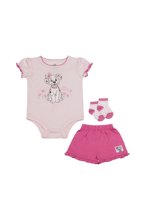 Clothes Baby Girls Front Back 3-Piece Short Outfit Set – Includes Bodysuit, Tee & Shorts – 101 Dalmatians Pink 0/3M