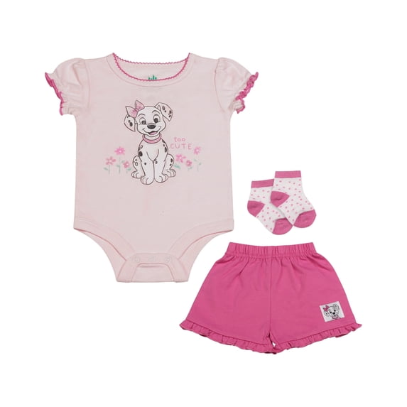 Disney Clothes Baby Girls Front Back 3-Piece Short Outfit Set – Includes Bodysuit, Tee & Shorts – 101 Dalmatians Pink 6/9M