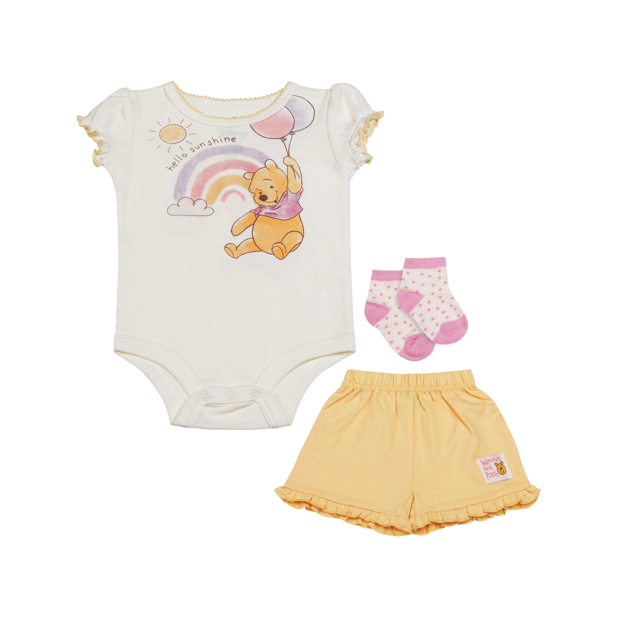 Disney Clothes Baby Girls Front Back 3-Piece Short Outfit Set – Includes Bodysuit, Tee & Shorts – Winnie the Pooh Yellow 3/6M