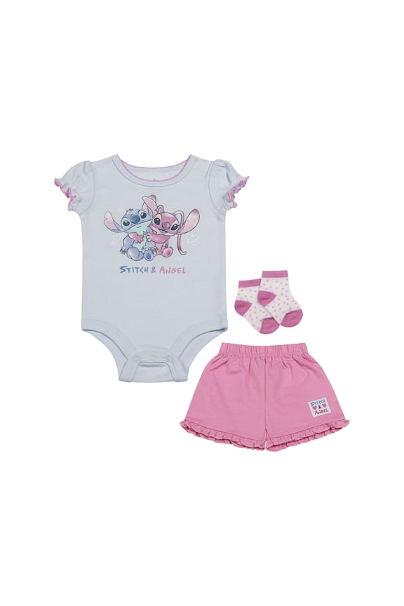 Clothes Baby Girls Front Back 3-Piece Short Outfit Set – Includes Bodysuit, Tee & Shorts – Stitch Blue/Pink 0/3M