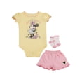 thumbnail image 1 of Disney Clothes Baby Girls Front Back 3-Piece Short Outfit Set – Includes Bodysuit, Tee & Shorts – Minnie Mouse Yellow/Pink 0/3M, 1 of 3