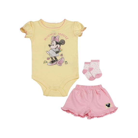 Disney Clothes Baby Girls Front Back 3-Piece Short Outfit Set – Includes Bodysuit, Tee & Shorts – Minnie Mouse Yellow/Pink 0/3M