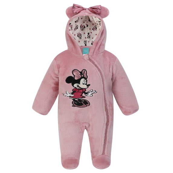 Disney Clothes Baby Girls Pram One-Piece – Minnie Mouse Soft Hooded Cozy Outfit Pink 6/9M