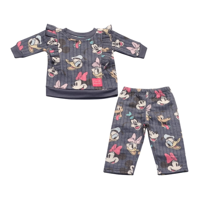 Disney Clothes Baby Girls Printed Fleece Sweatshirt and Pants Set – Minnie Mouse, Marie, Stitch, Pooh & Toy Story Outfit Set (12M–24M)