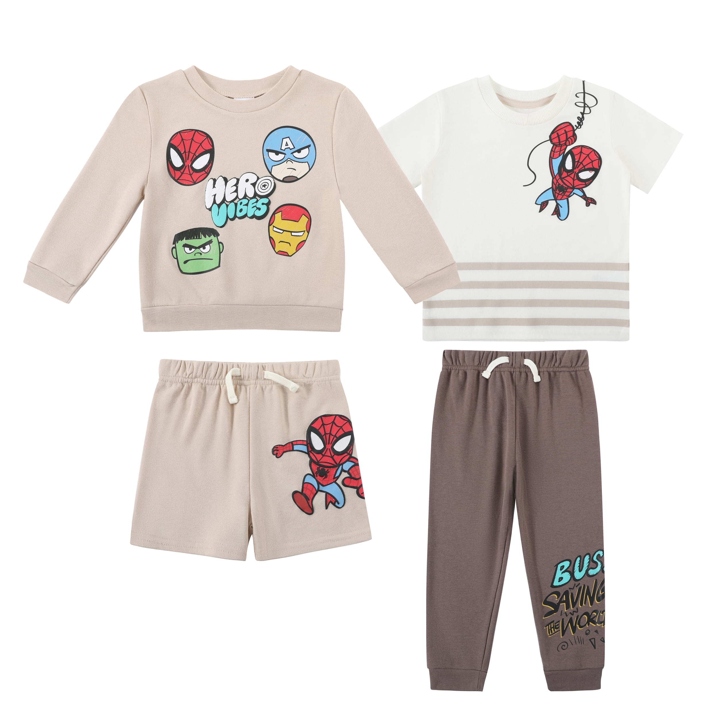 Disney Clothes Baby Boys 4-Piece Set – Marvel Outfit Set with Pullover, Tee, Shorts & Pants (Brown) – 3T