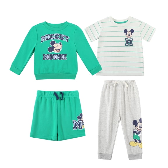 Disney Clothes Baby Boys 4-Piece Set – Mickey Mouse Outfit Set with Pullover, Tee, Shorts & Pants (Green/Grey) – 2T