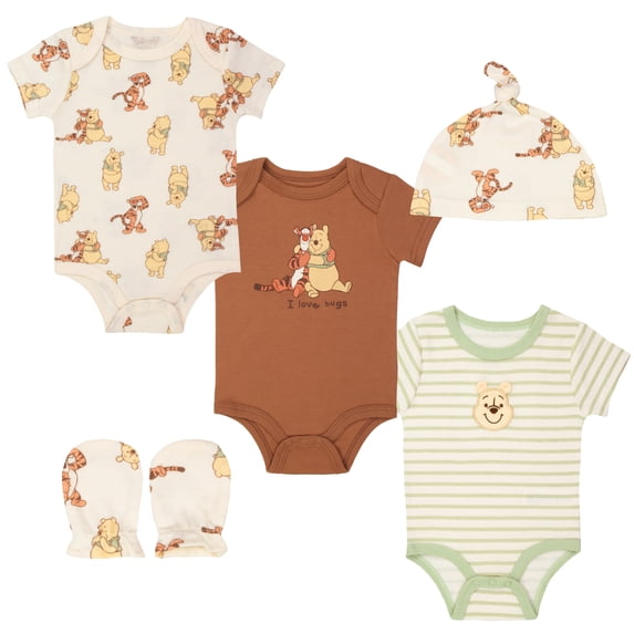 Disney Clothes Boys Winnie the Pooh 3-Pack Bodysuit Set with Hat & Mittens – Winnie the Pooh Soft Cotton Baby Outfit Light Green / Cream / Brown 0/3M