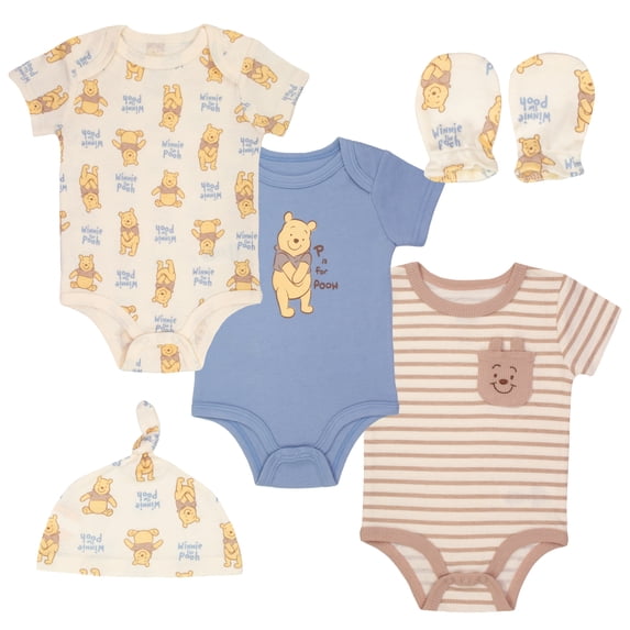 Disney Clothes Boys Winnie the Pooh 3-Pack Bodysuit Set with Hat & Mittens – Winnie the Pooh Soft Cotton Baby Outfit Blue / Beige / Cream 0/3M