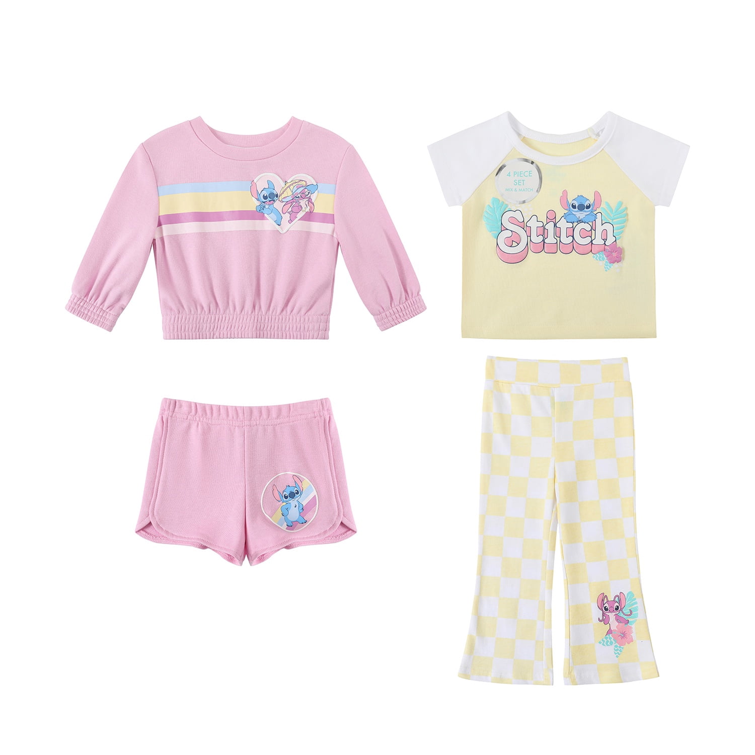 Disney Clothes Baby Girls 4-Piece Set – Stitch Pullover, Tee, Shorts & Pants (Gray/Blue) 4T