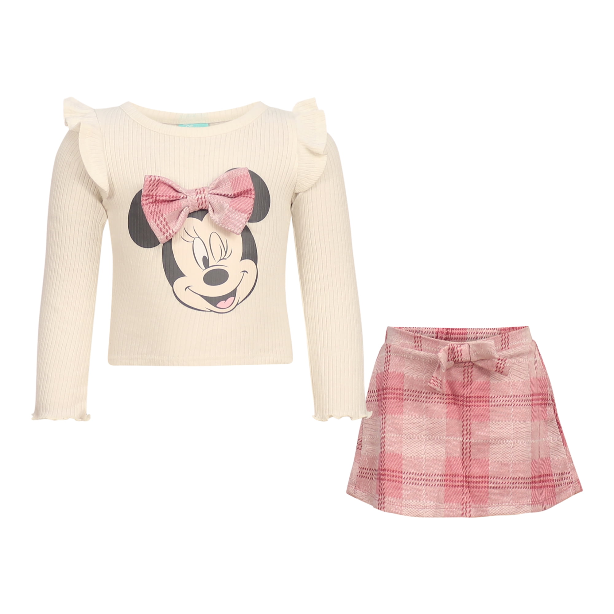 Disney Clothes Minnie Mouse Baby Girls 2-Piece Skirt Set – Long Sleeve Top & Plaid Skirt Outfit Set (12M–24M)