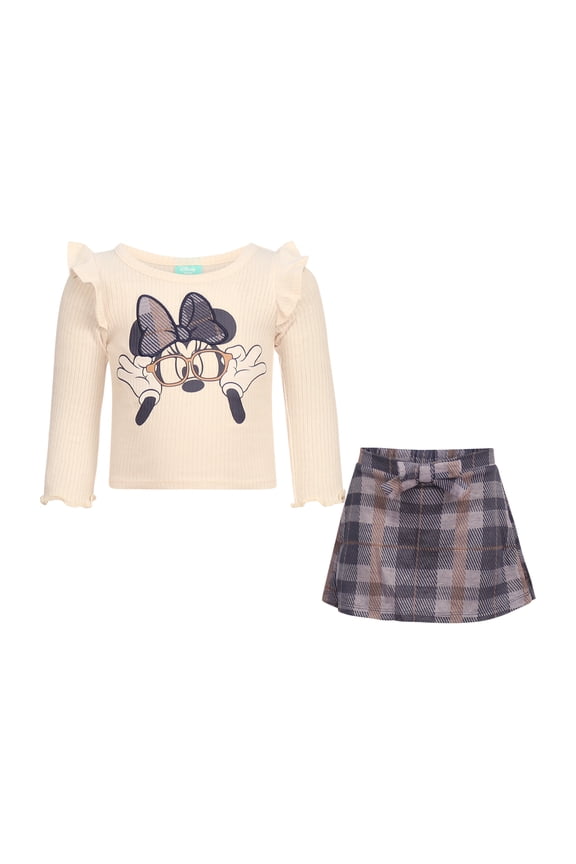 Clothes Minnie Mouse Baby Girls 2-Piece Skirt Set – Long Sleeve Top & Plaid Skirt Outfit Set (12M–24M)