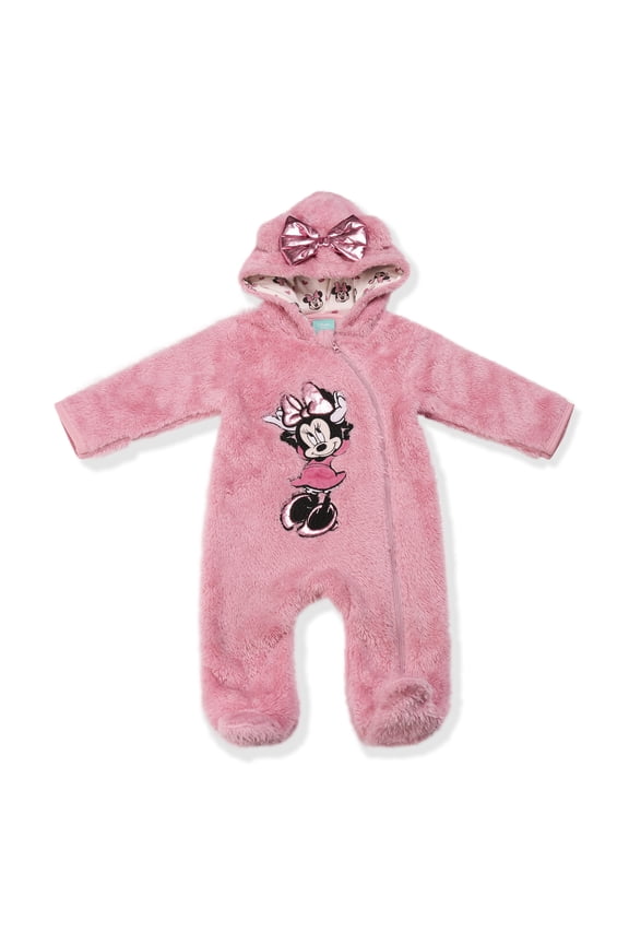 Clothes Minnie Mouse Baby Girls Plush Hooded Pram – Cozy Fleece Coverall with Ears for Infant (0/3M–6/9M)