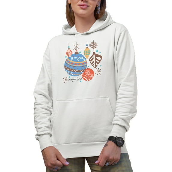 Magic Time with Hand Drawn Christmas Balls Art Merch Gift, White Hooded Sweatshirt or Hoodie, Large