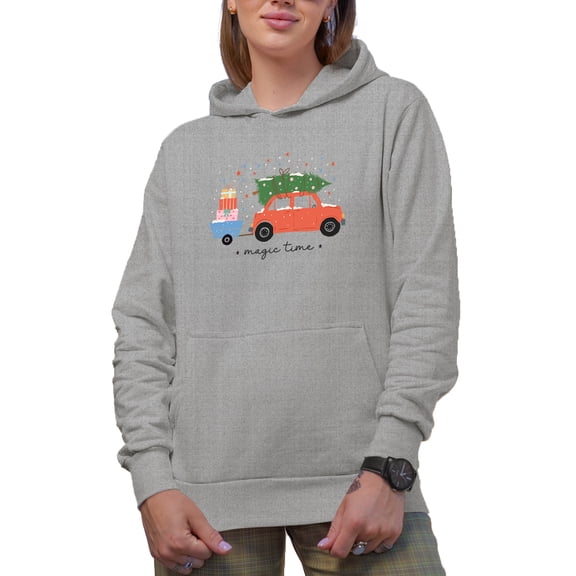 Magic Time with a Hand Drawn Red Car, Christmas Tree & Presents Art Merch Gift, Heather Grey Hooded Sweatshirt or Hoodie, Small