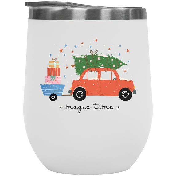 Magic Time with a Hand Drawn Red Car, Christmas Tree & Presents Art Merch Gift, White 12oz Wine Tumbler