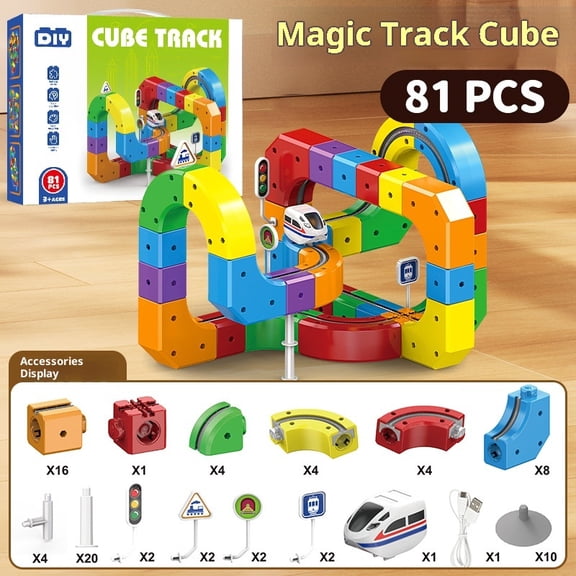 Magic Track Cube Building Toy, 81PCS DIY Assemble Electric Train Set, 3D Puzzle Track Blocks with Rechargeable Train, Educational STEM Toy for Kids Ages 3+
