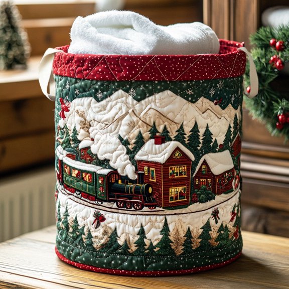 Magic Train Quilted Laundry Basket, Holiday Train Storage Hamper, Christmas Room Organizer