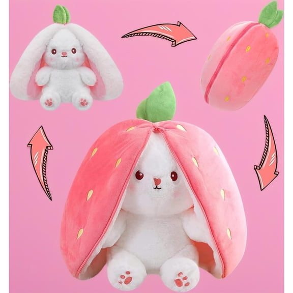 Magic Transform Reversible Bunny Plush, Zipper Convertible Strawberry & Floppy-Eared Rabbit Stuffed Animal, Soft Kawaii Doll, Cute Gift for Easter, Birthday, Kids, Girls and Girlfriend