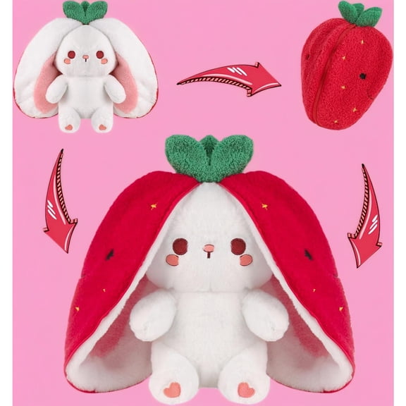 Magic Transform Reversible Bunny Plush, Zipper Convertible Strawberry & Floppy-Eared Rabbit Stuffed Animal, Soft Kawaii Doll, Cute Gift for Easter, Birthday, Kids, Girls and Girlfriend
