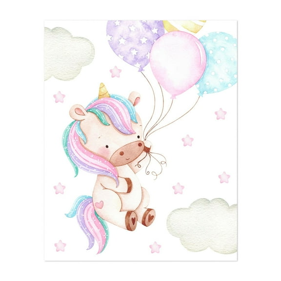 Magic Unicorn, Balloons, Stars, Clouds, Girl Nursery - Illustration Watercolor Whimsical Pastel Fantasy Stars Unframed Wall Art Print 6 x 8 inches