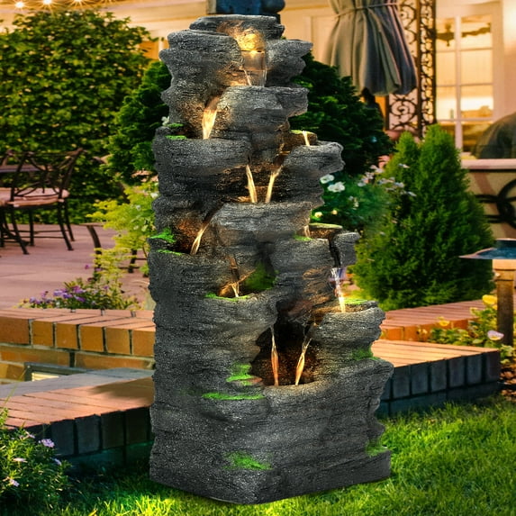 Magic Union 10-Tier Cascading Rock Water Fountain, 40" H Outdoor Freestanding Fountain with LED Lights and Pump, Outdoor Garden Waterfall Decor for Patio, Yard and Deck Decor, Natural Stone Look