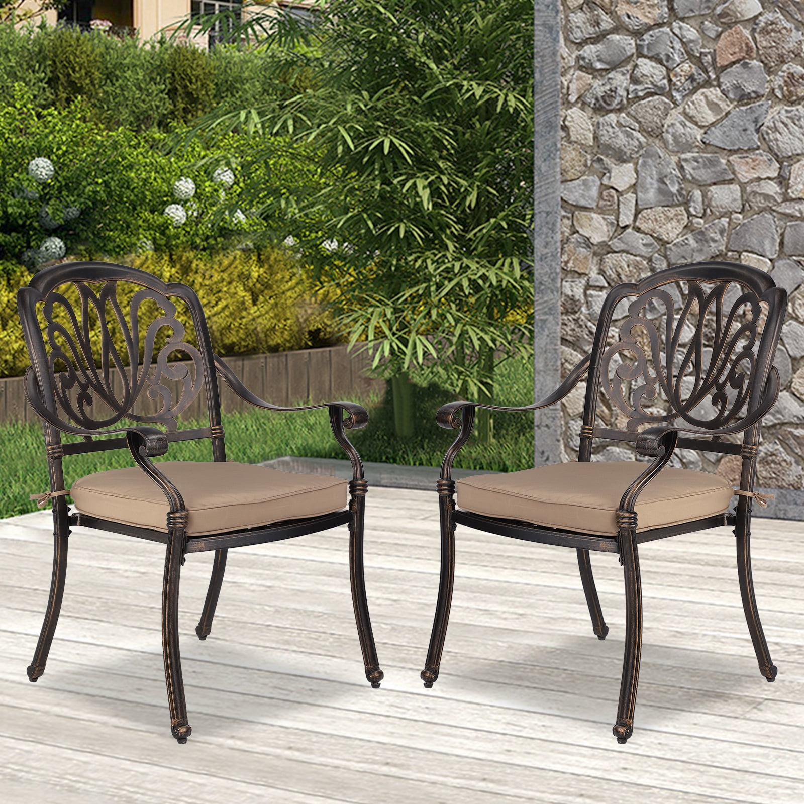 Magic Union 2 Piece Outdoor Cast Aluminum Dining Chairs with Khaki Cushion