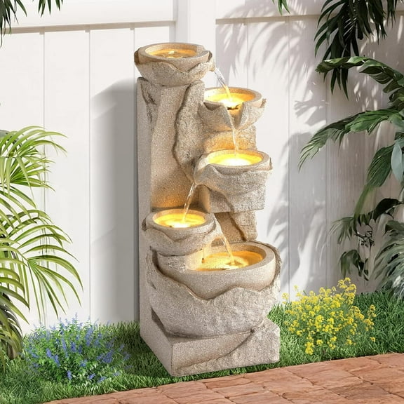 Magic Union 24"H Water Fountain Outdoor, 5 Tiers Cascading Resin Fountain with 5 LED Lights and Bowls, Modern Waterfalls Garden Fountains, Garden Fountains for Patio Yard Deck and Indoor Decor, Beige