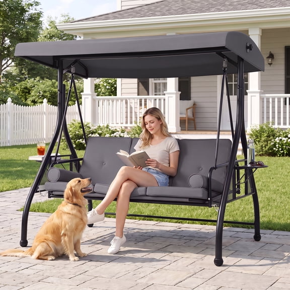 Magic Union 3-Seat Outdoor Patio Swings with Adjustable Cover, Porch Swing Chair with Stand for Adults w/Pillows & Foldable Side Tray, Adult Cushion Swings Bench for Patio, Backyard, Garden