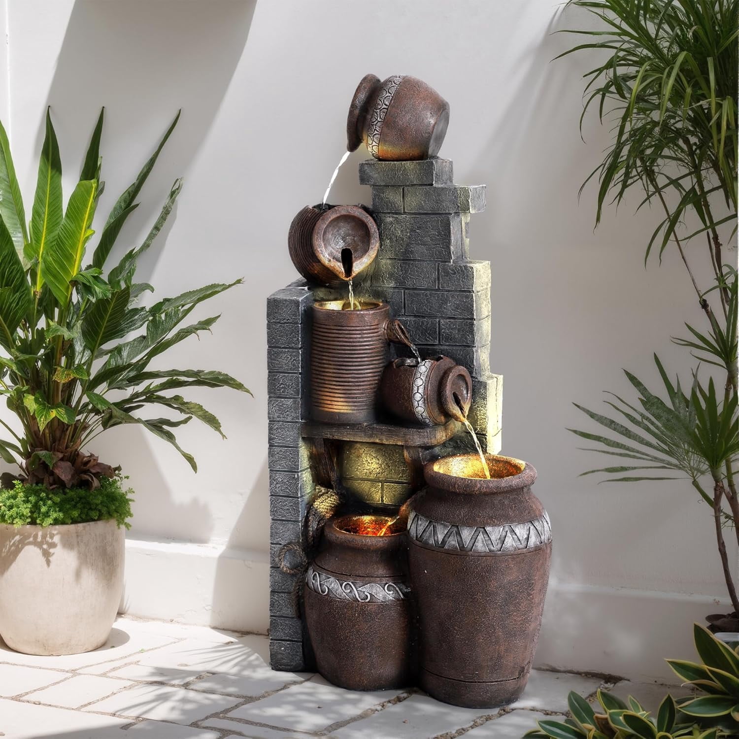 Magic Union 31.5" Tall Outdoor Water Fountain Garden Waterfalls Fountain with LED Lights 6 Tier Modern Indoor/Outdoor Floor Standing Water Fountain with Pump for Garden, Patio, House Decor,Gray