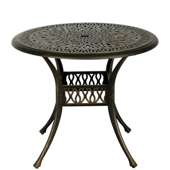 Magic Union 35.4in Round Cast Aluminum Patio Bistro Table, Outdoor Dining Table with 2" Umbrella Hole, Weather-Resistant Table for Porch, Backyard, Garden, Balcony, Bronze