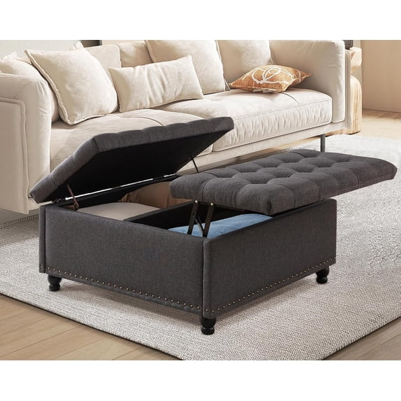 Magic Union 35" Large Square Storage Ottoman, Oversized Square Ottoman with Storage, Tufted Upholstered Ottoman Coffee Table with Lift Top for Living Room (Grey)
