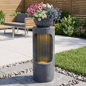 Magic Union 37.2" Outdoor Water Fountain, Cascading Waterfall Fountain with LED Lights & Planter Bowl, Garden Freestanding Resin Fountain for Outside, Water Feature for Patio, Balcony, Yard, Deck
