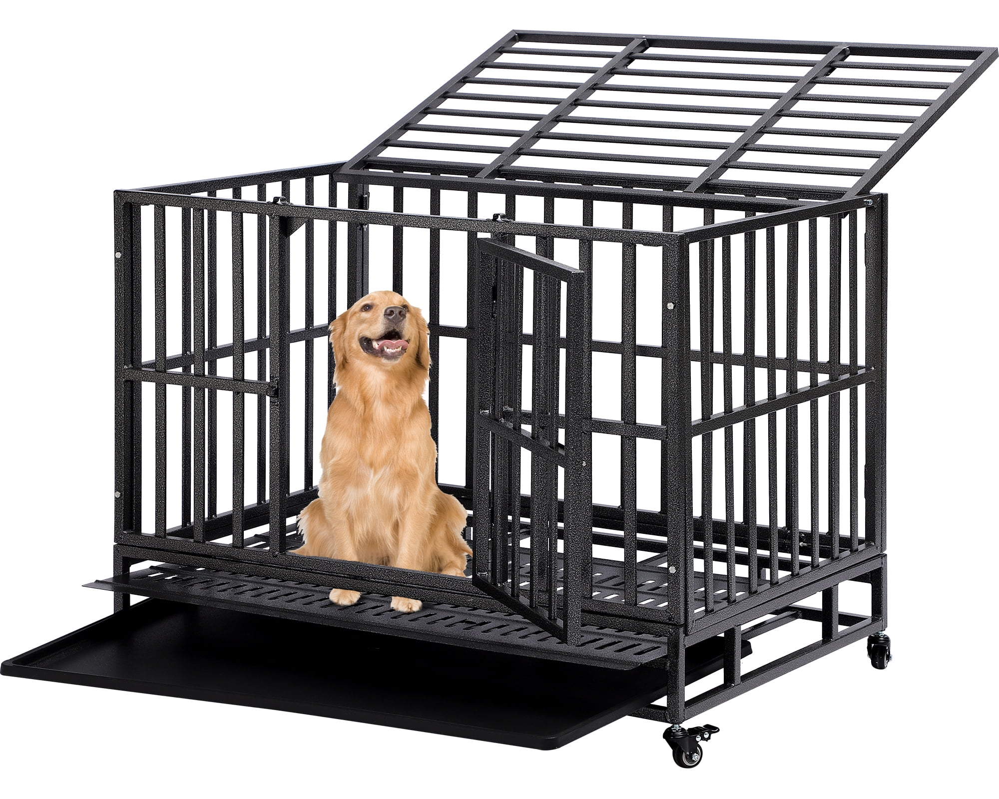 Magic Union 38 inch Large Heavy Duty Dog Crate with Lockable Wheels and Removable Tray for Large Dog,Escape Proof Folding Dog Cage Kennel with Sturdy Lock for Indoor and Outdoor,Black