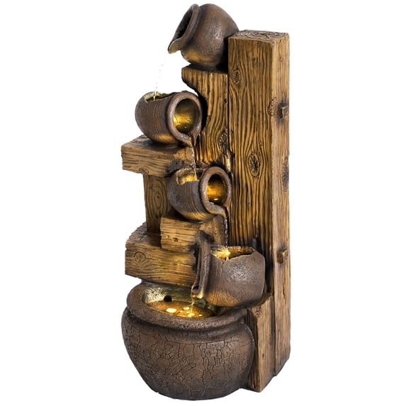 Magic Union 39.3" Tall Outdoor Water Fountain Garden Waterfalls Fountain with LED Lights 5 Tier Modern Indoor/Outdoor Floor Standing Water Fountain with Pump for Garden, Patio, House Decor,Brown