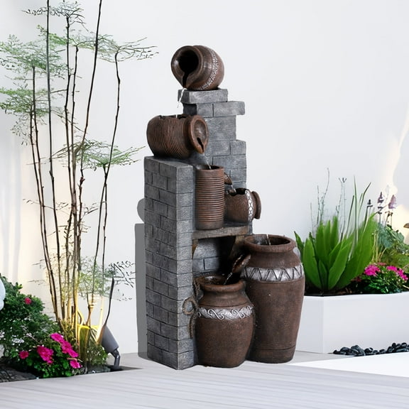 Magic Union 39.3" Tall Outdoor Water Fountain Garden Waterfalls Fountain with LED Lights 6 Tier Modern Indoor/Outdoor Floor Standing Water Fountain with Pump for Garden, Patio, House Decor,Gray