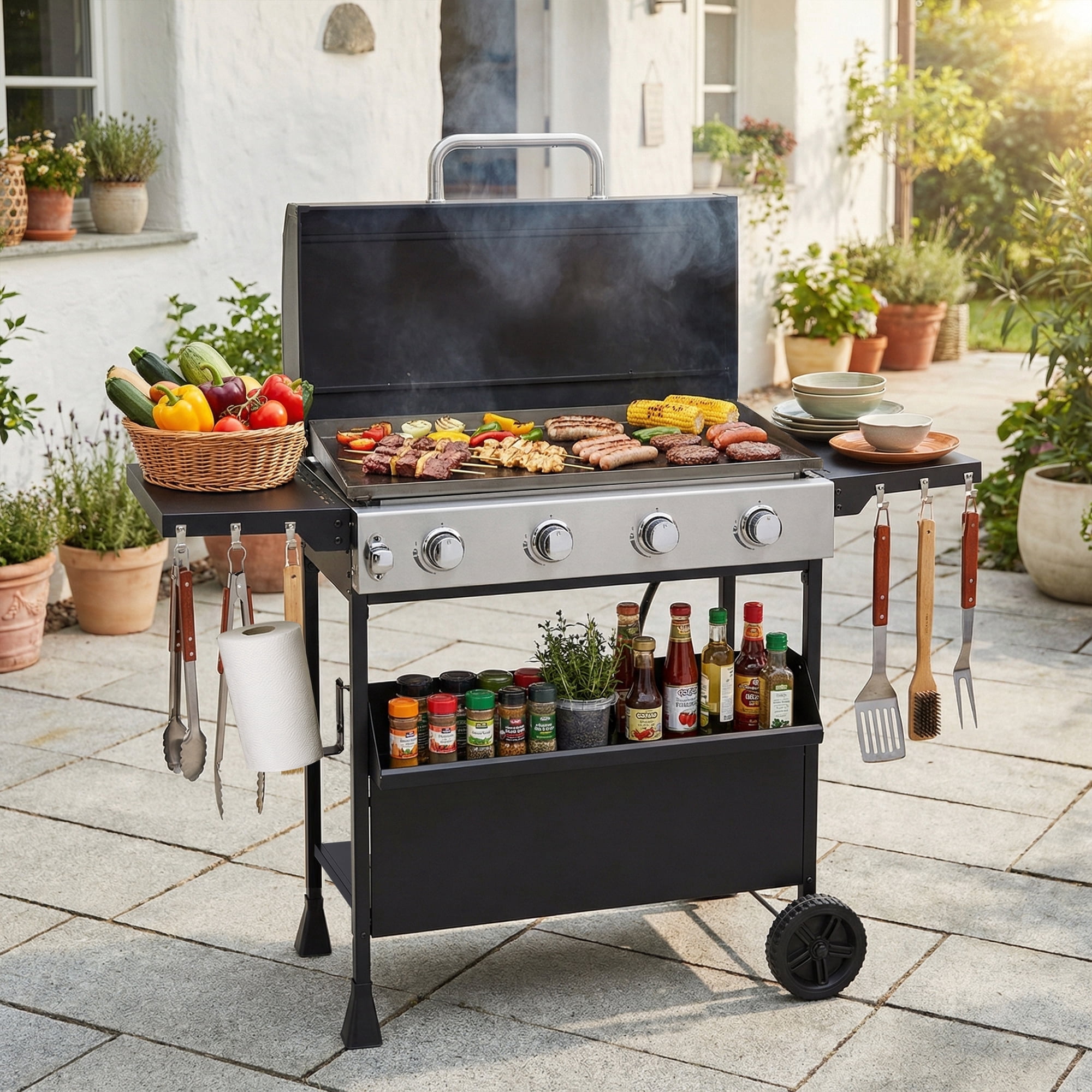 Magic Union 4-Burner Heavy Duty Rolling Flat Top Propane Gas Griddle, Portable Griddle on Cart with Hood & Foldable Side Shelves, 32000 BTU 455 sq.in, for Outdoor Cooking, Camping & Tailgating
