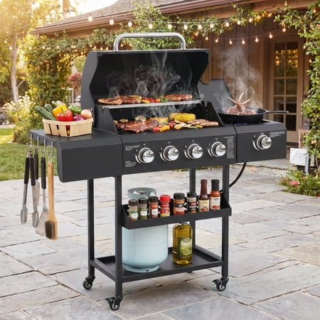 Magic Union 4-Burner Propane Gas Grill with Side Burner, Portable Outdoor BBQ Grill with Wheels, Stainless Steel Grates, Side Tables & Spice Rack, 50000 BTU for Patio, Camping & Outdoor Cooking