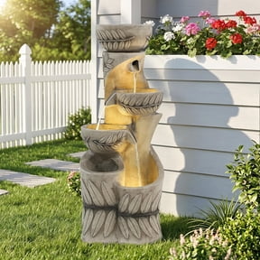 Magic Union 4-Tier Outdoor Water Fountain with LED Lights, 36" Tall Resin Cascading Waterfall Fountain with Planter Pots, Modern Calming Water Feature for Patio Balcony Deck Garden Yard Decor