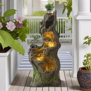 Magic Union 40 Outdoor Water Fountain, 6 Tiers Cascading Realistic Tree Trunk Waterfall Fountain with LED Lights, Freestanding Fountain Resin Imitation Wood for Garden Patio Balcony Yard