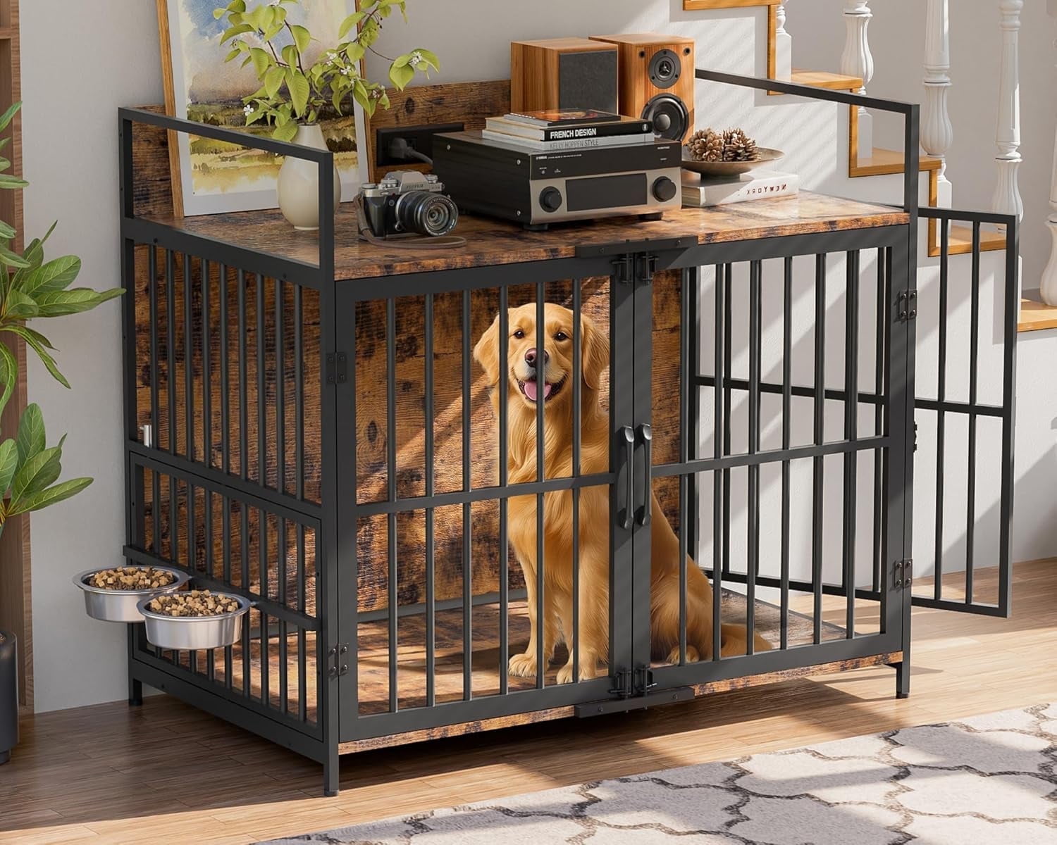 Magic Union 41" Large Dog Crate Furniture, Indoor Dog Kennel with USB Charging Station, Wooden Dogs Crate with 360° Rotating Feeder Bowls and 3 Doors, Medium Dogs Cage for Small/Medium Dogs