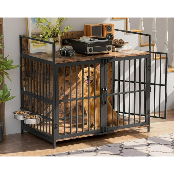 Magic Union 41" Large Dog Crate Furniture, Indoor Dog Kennel with USB Charging Station, Wooden Dogs Crate with 360° Rotating Feeder Bowls and 3 Doors, Medium Dogs Cage for Small/Medium Dogs