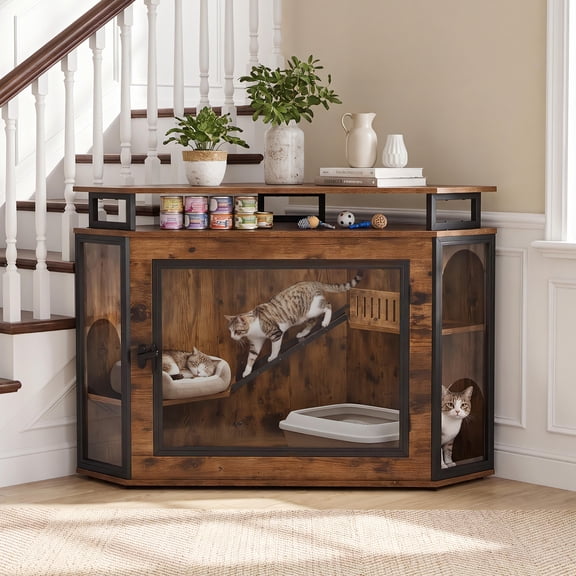 Magic Union 48" Corner Cat Litter Box Enclosure Furniture with Storage Shelves, Multi-Purpose Wooden Cat Cabinet TV Stand with Acrylic Door & Climbing Ladder, Space-Saving Indoor Cat House End Table