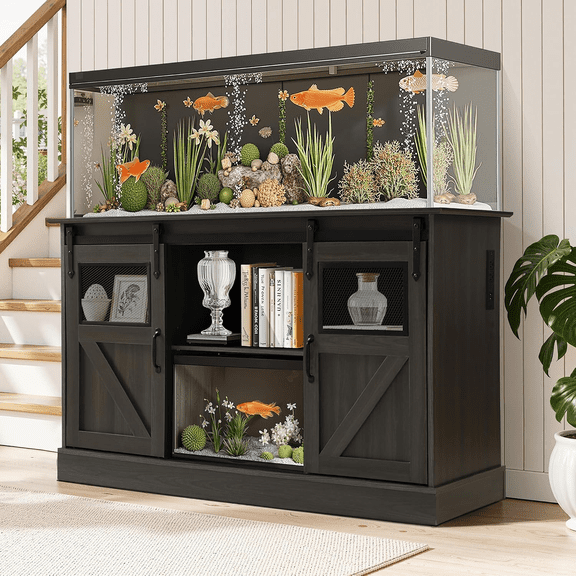 Magic Union 55-75 Gallon Large Fish Tank Stand, Heavy Duty Aquarium Stand w/Power Outlet and Sliding Barn Doors, Table for Fish Turtle Tank Reptile Terrarium w/Cabinet for Accessories Storage