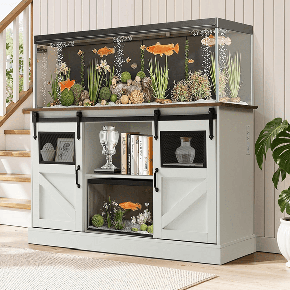 Magic Union 55-75 Gallon Large Fish Tank Stand, Heavy Duty Aquarium Stand w/Power Outlet and Sliding Barn Doors, Table for Fish Turtle Tank Reptile Terrarium w/Cabinet for Accessories Storage