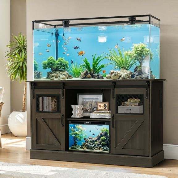 Magic Union 55-75 Gallon Large Fish Tank Stand, Heavy Duty Aquarium Stand w/Power Outlet and Sliding Barn Doors, Table for Fish Turtle Tank Reptile Terrarium w/Cabinet for Accessories Storage