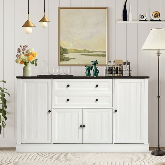 Magic Union 58" Farmhouse Sideboard Buffet Cabinet, Coffee Bar Cabinet with 2 Large Drawers & 4 Grooved Barn Doors, Wood Storage Cabinets for Dinning Room, Kitchen, Living Room, White